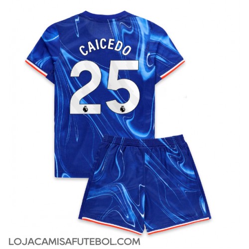 Camisa de Futebol Chelsea Moises Caicedo #25 Equipamento Principal Infantil 2024-25 Manga Curta (+ Calças curtas)